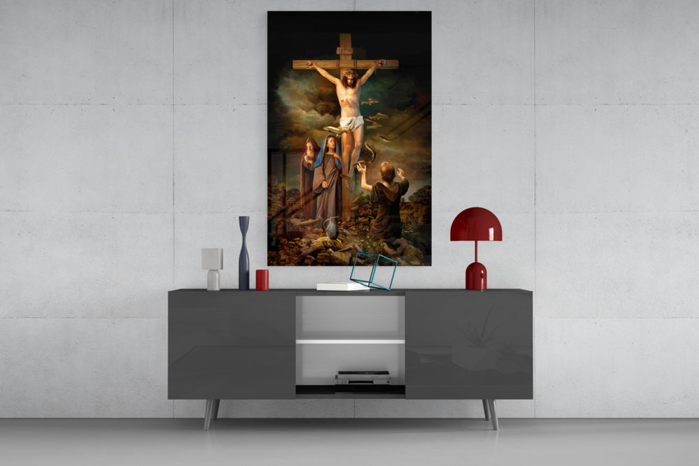 Jesus glass wall art catching light to reveal its painted storm
