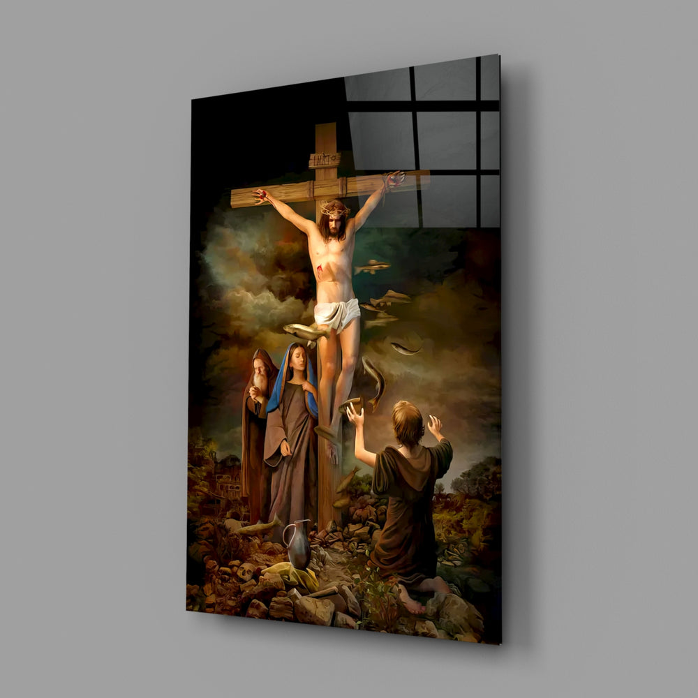 Christian devotional panel anchoring a home library wall