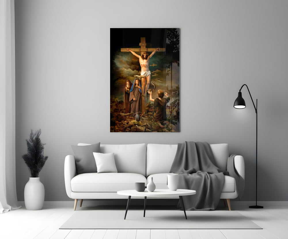 Close-up detail of surreal Crucifixion behind glass