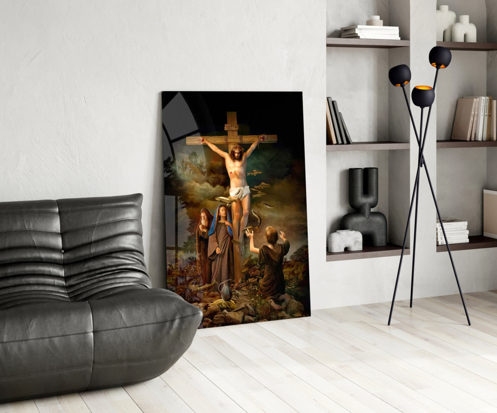 Sacred glass print bringing devotional edge to a designer office