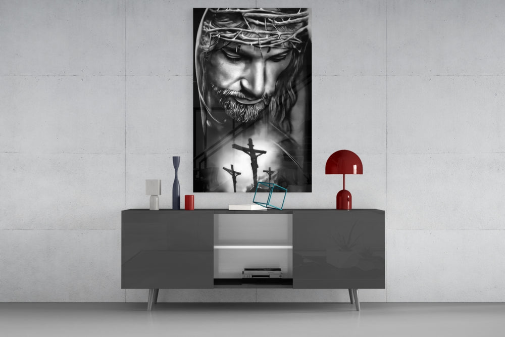 Jesus glass wall art catching light to reveal its painted thorns