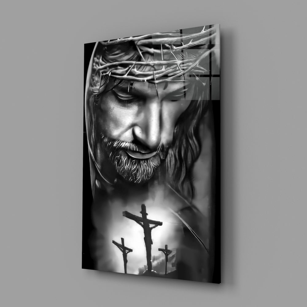 Sacred portrait panel anchoring a home library wall