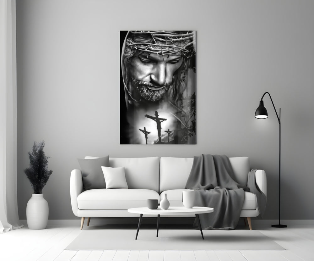 Close-up detail of crown of thorns Christ behind glass