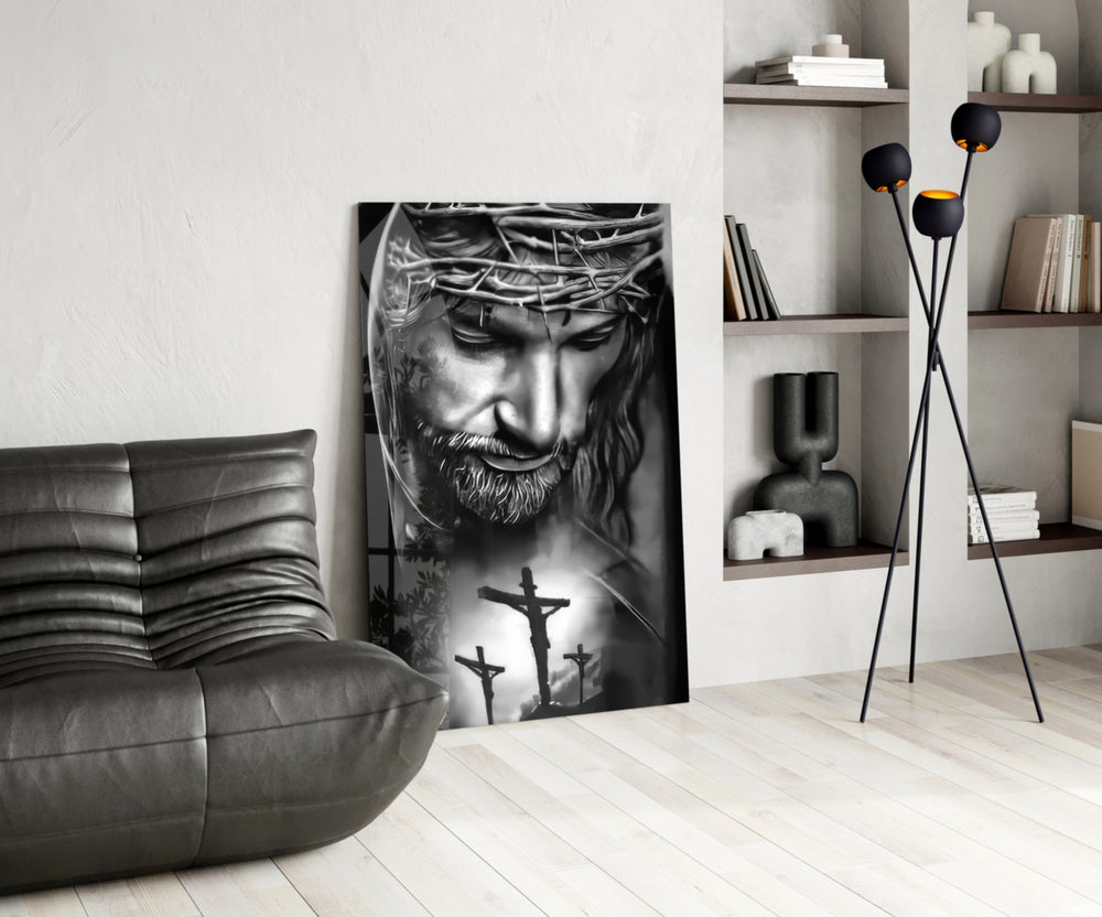 Sacred glass print bringing devotional edge to a moody bedroom