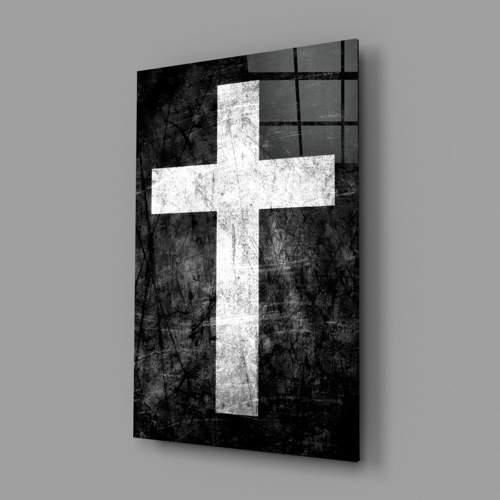 Minimal-sacred panel anchoring a home library wall