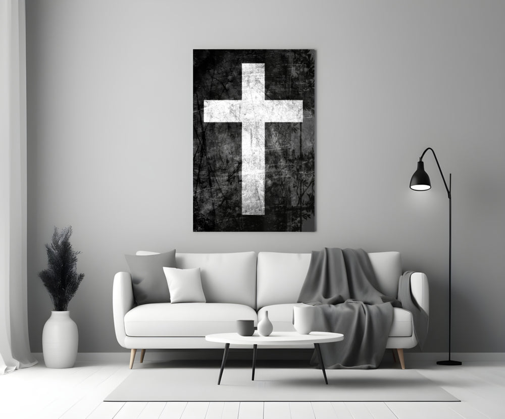Close-up detail of chalk cross behind glass