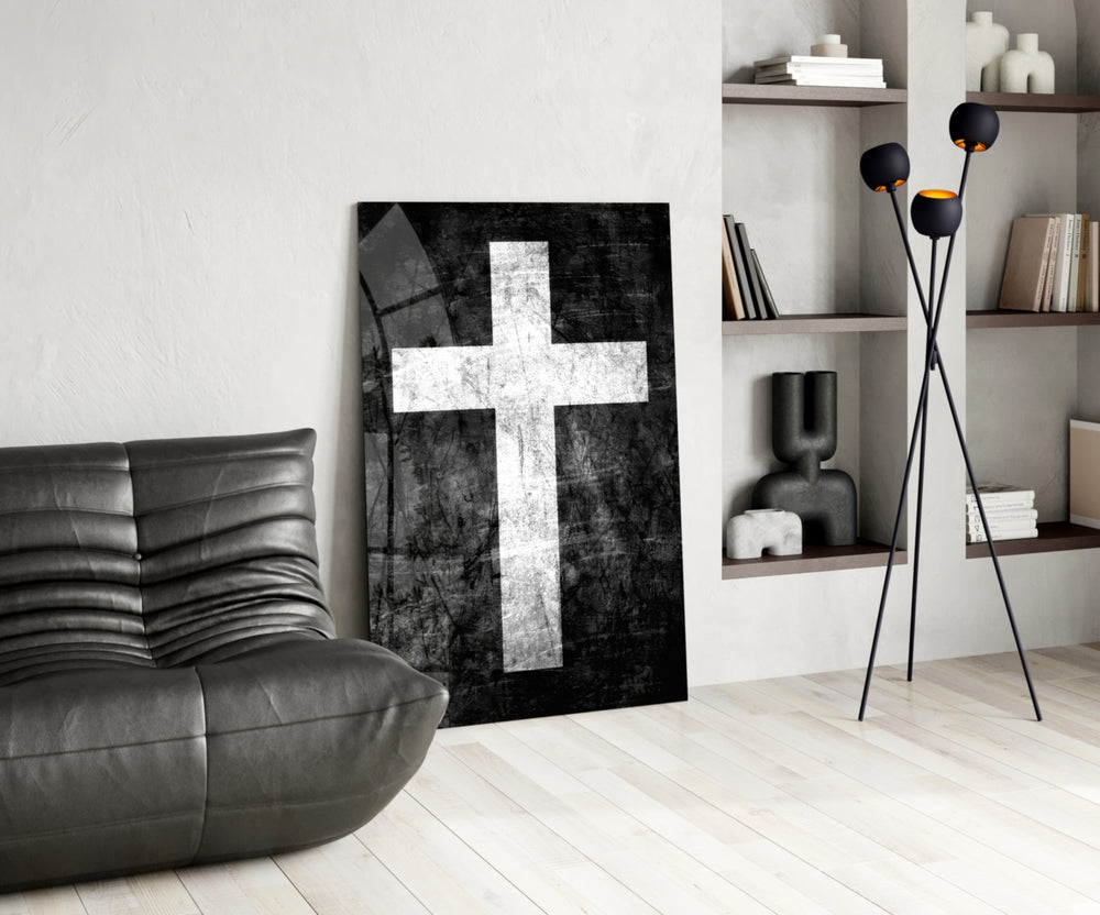 Sacred glass print bringing minimal edge to a moody bedroom