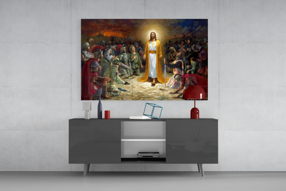 Jesus glass wall art catching light to reveal its painted halo