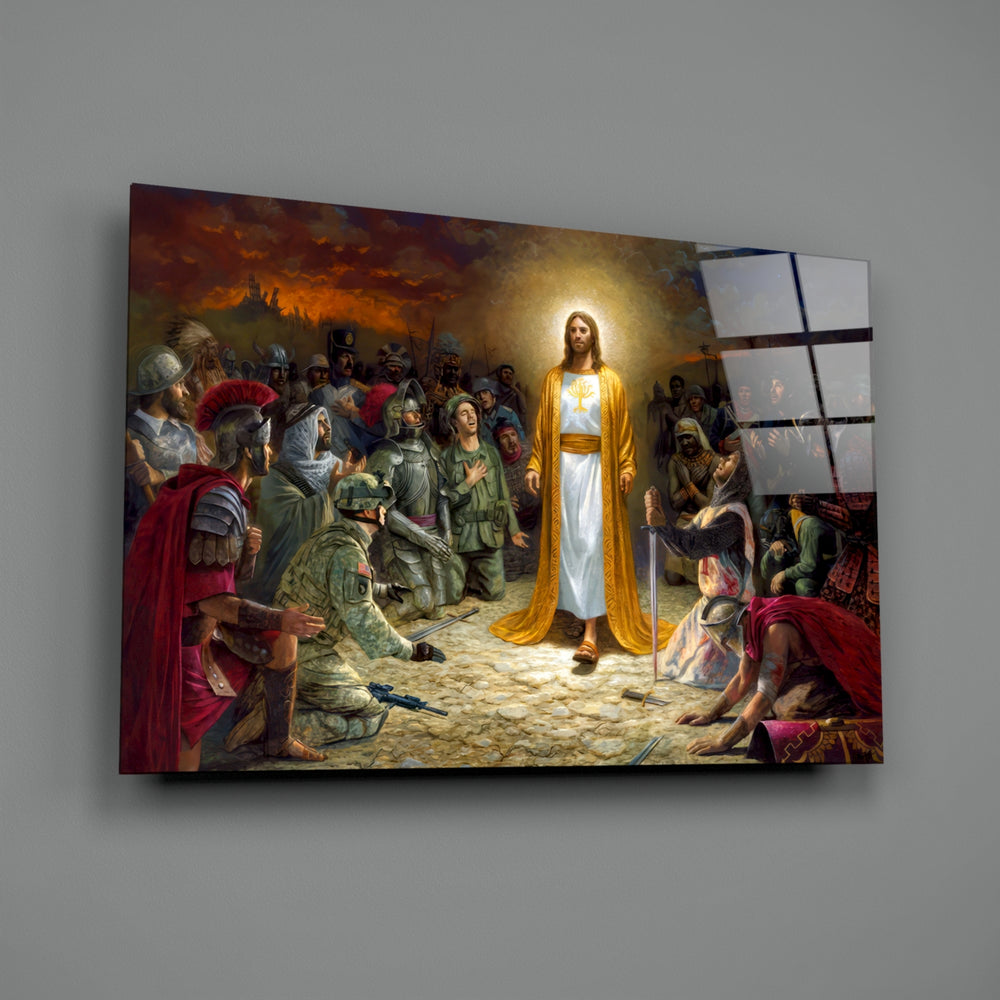 Sacred tableau panel anchoring a home library wall