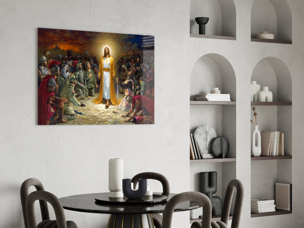 Sacred glass print bringing devotional edge to a designer office