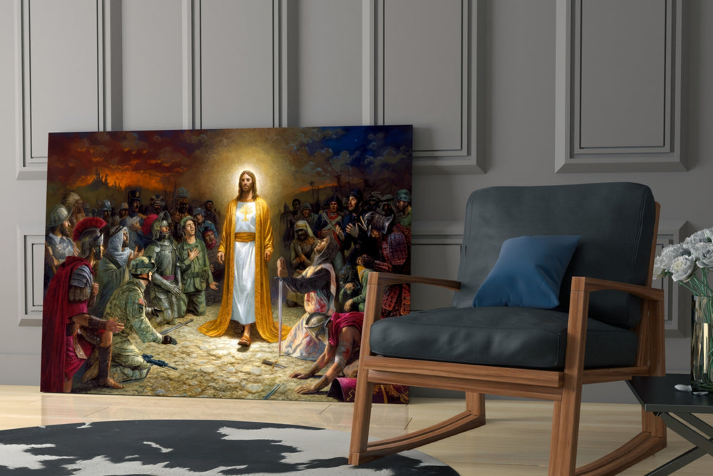 Sacred yatay panel against a moody dark-painted accent wall