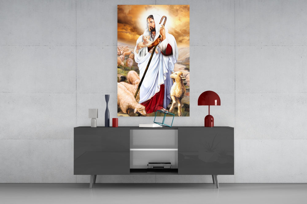Jesus glass wall art catching light to reveal its painted lamb