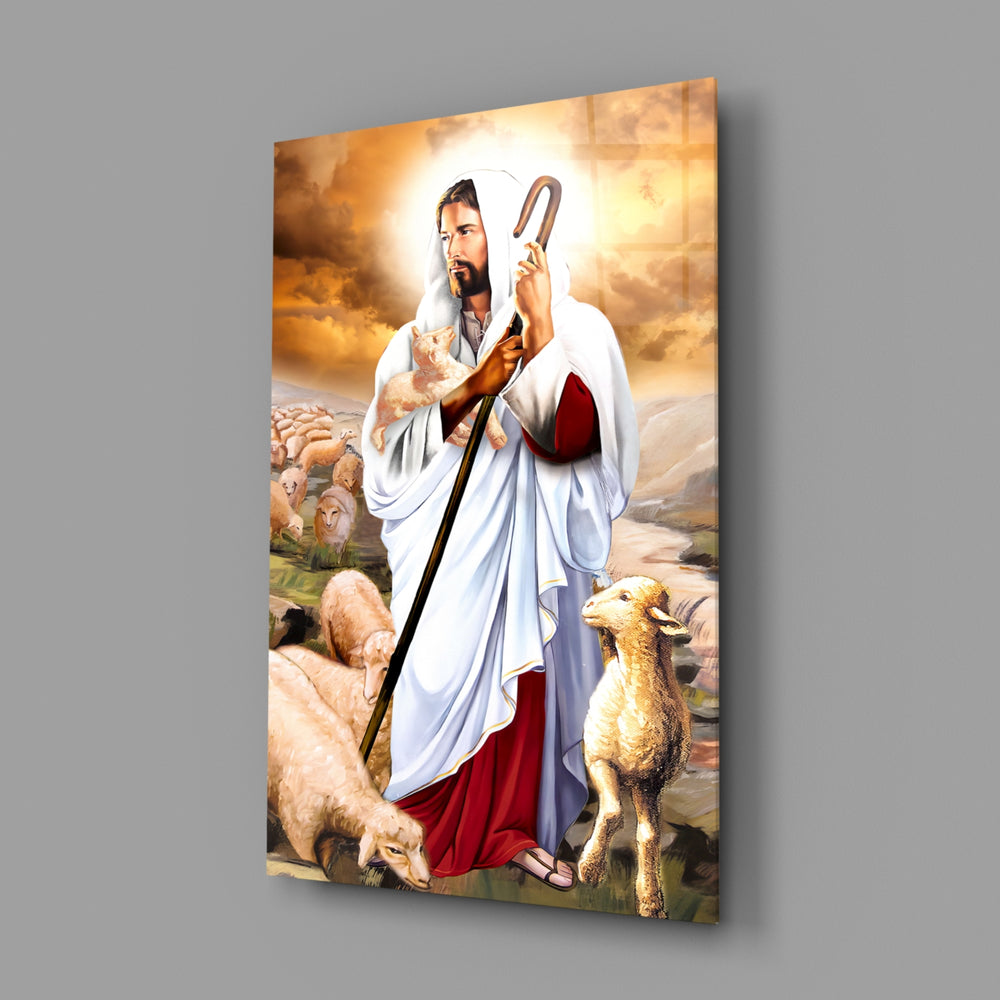 Sacred painting panel anchoring a home library wall