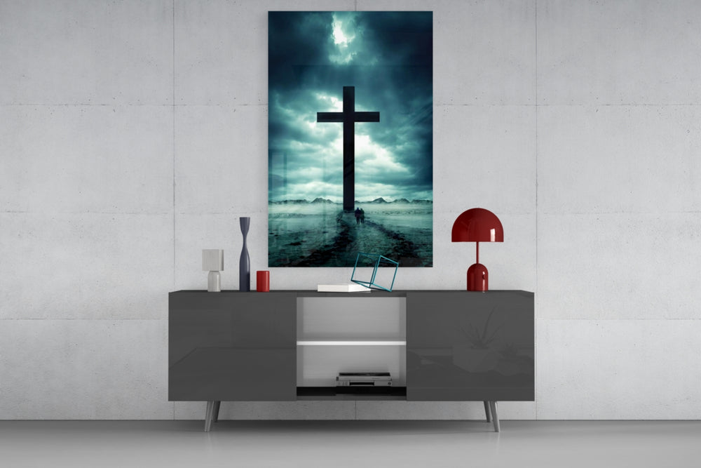 Cross glass wall art catching light to reveal its painted sun-shaft