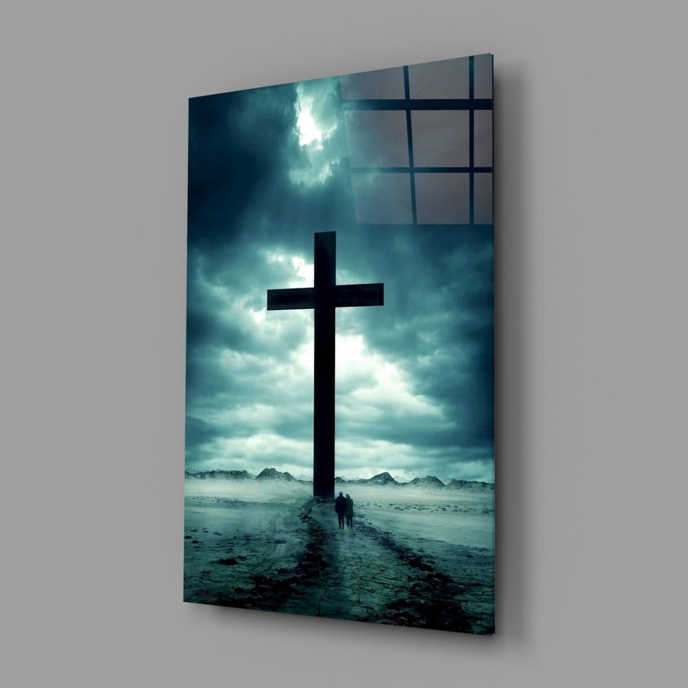 Sacred landscape panel anchoring a home library wall