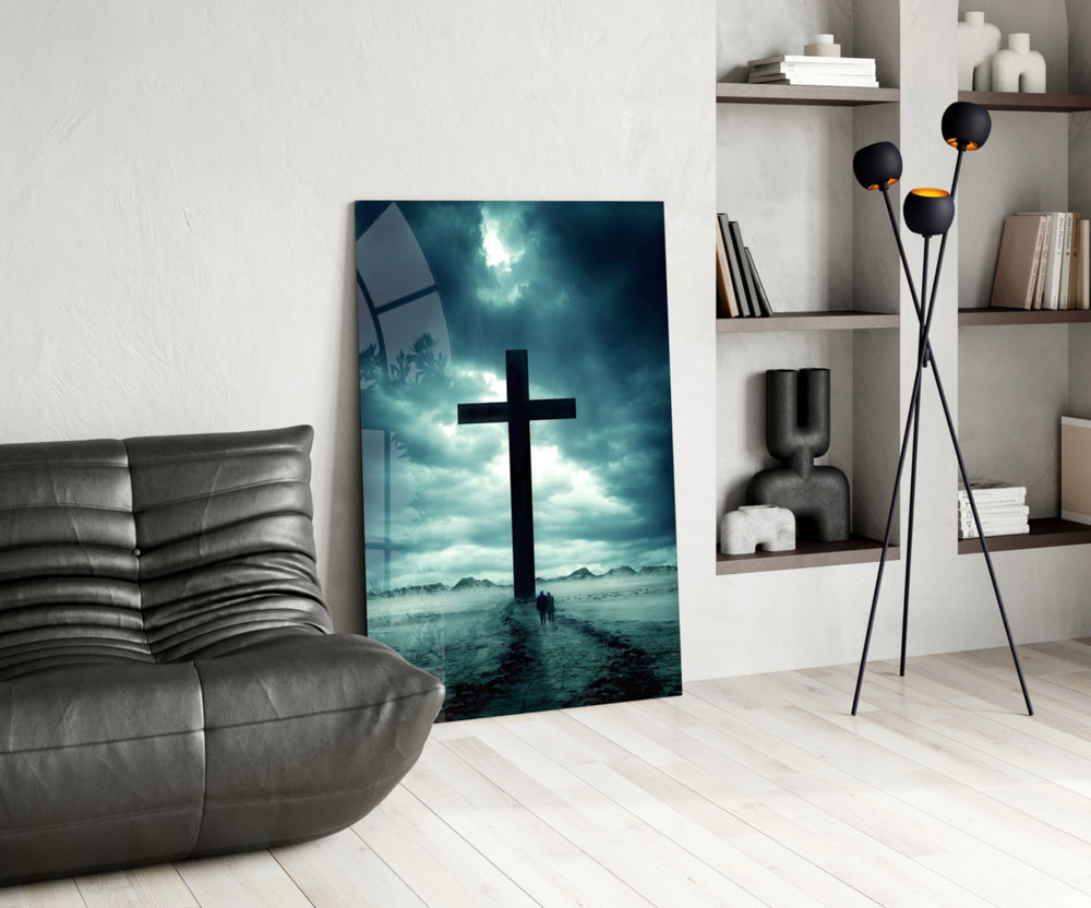 Sacred glass print bringing landscape edge to a moody bedroom