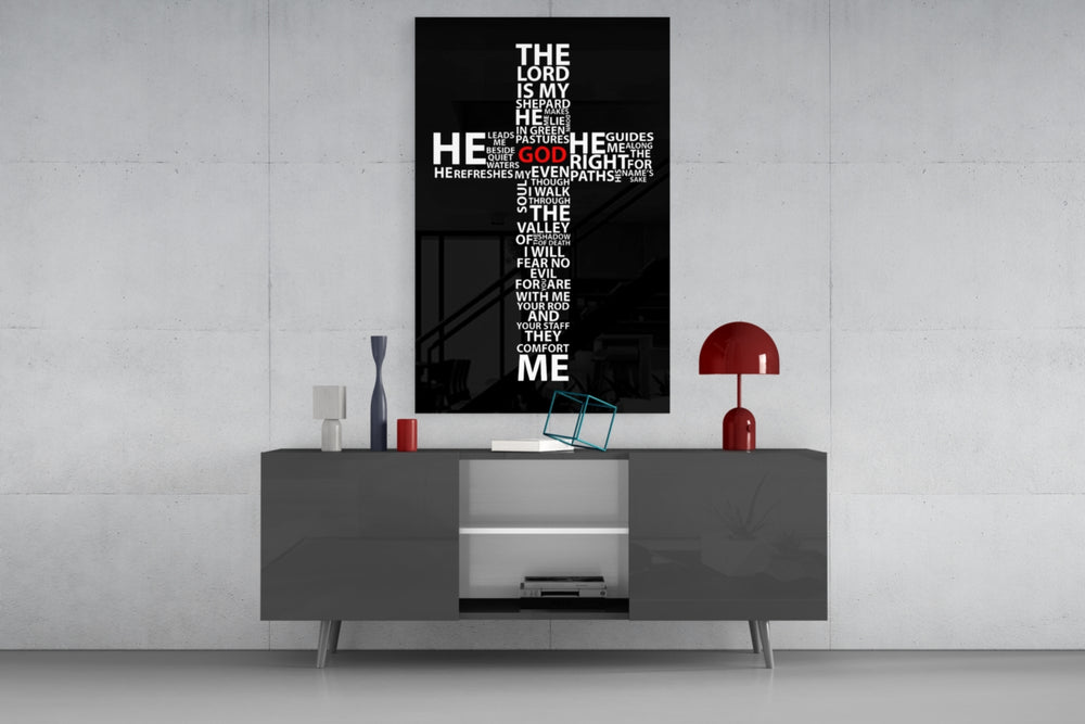 Cross glass wall art catching light to reveal its painted GOD accent