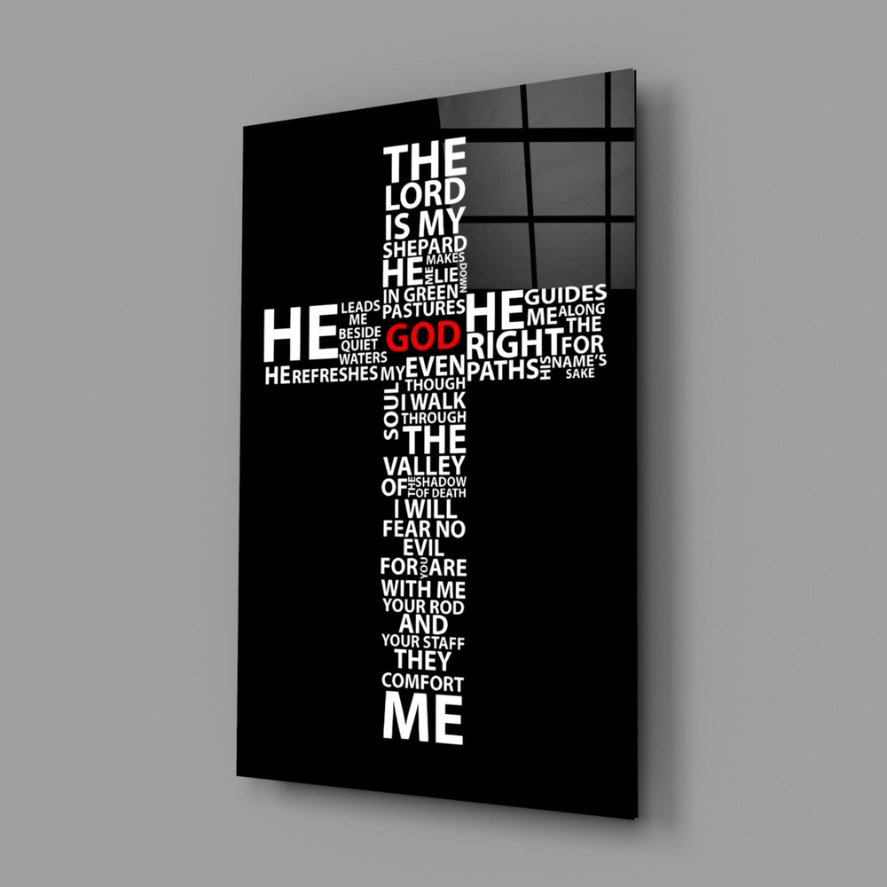 Sacred typography panel anchoring a home library wall