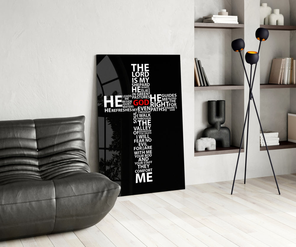 Sacred glass print bringing typography edge to a moody bedroom