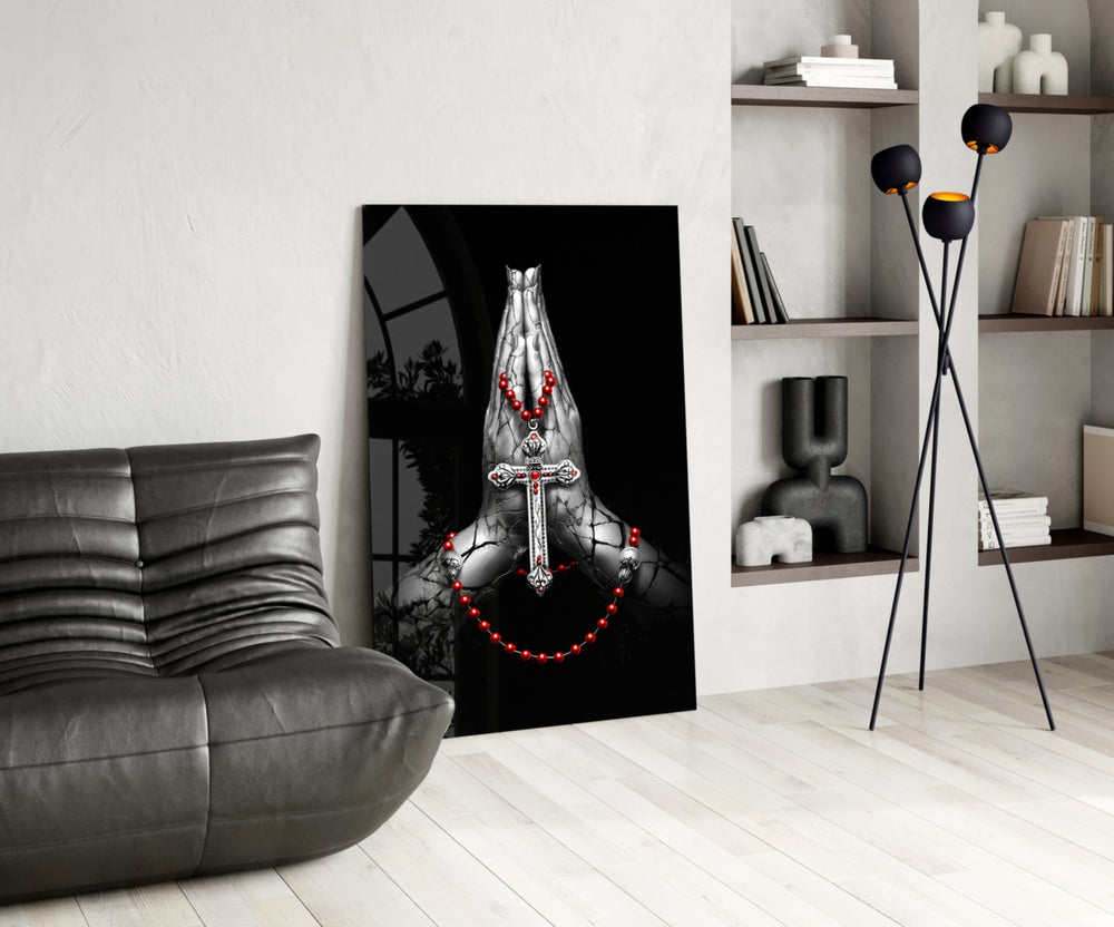 Sacred glass print bringing devotional edge to a moody bedroom