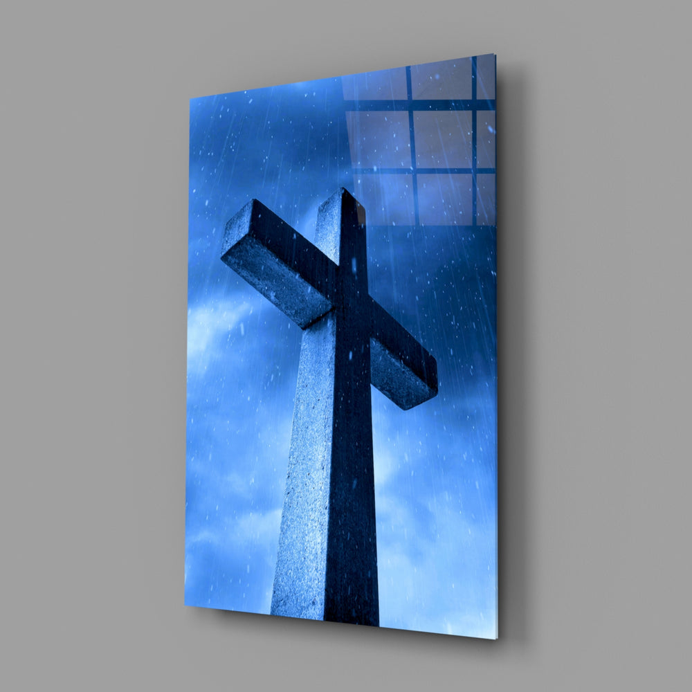 Sacred photograph panel anchoring a home library wall