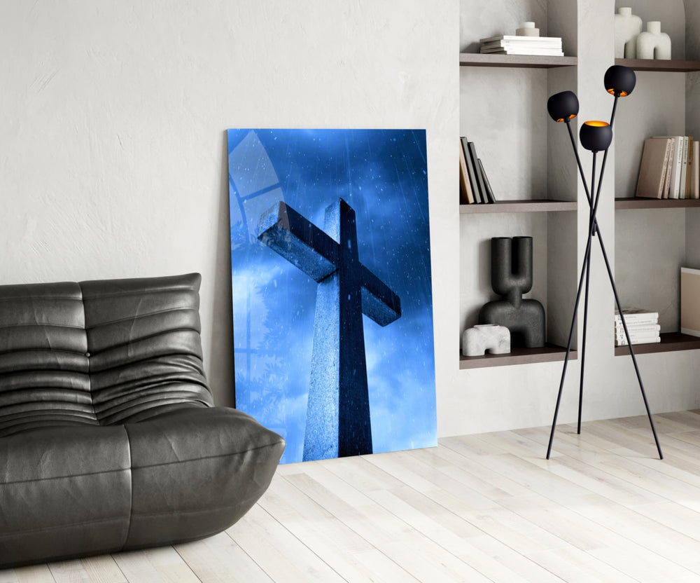 Sacred glass print bringing devotional edge to a moody bedroom