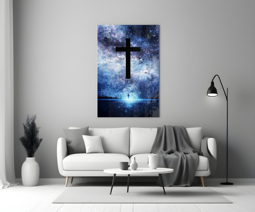 Close-up detail of milky-way cosmic cross behind glass