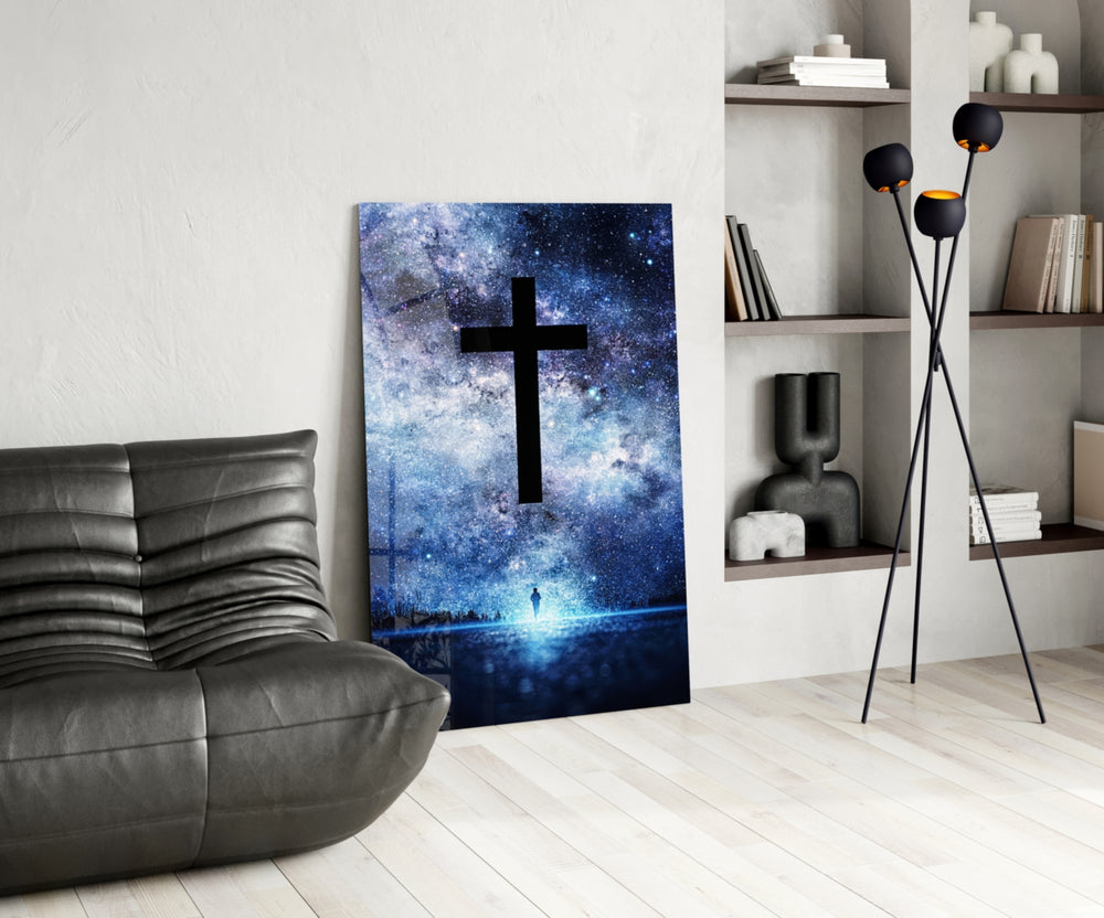 Sacred glass print bringing devotional edge to a moody bedroom