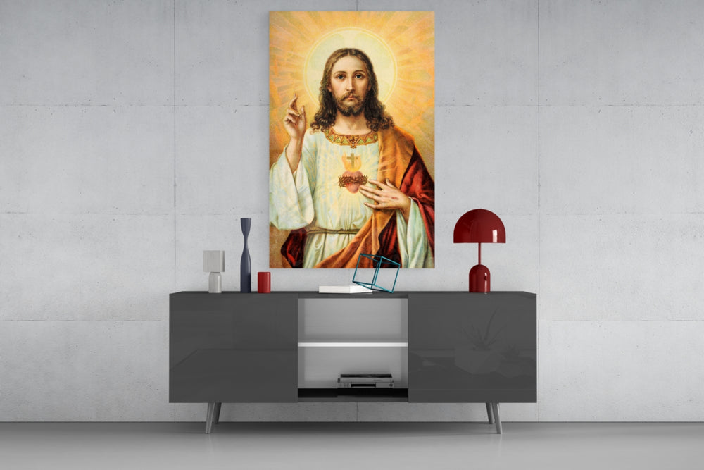 Jesus glass wall art catching light to reveal its painted halo