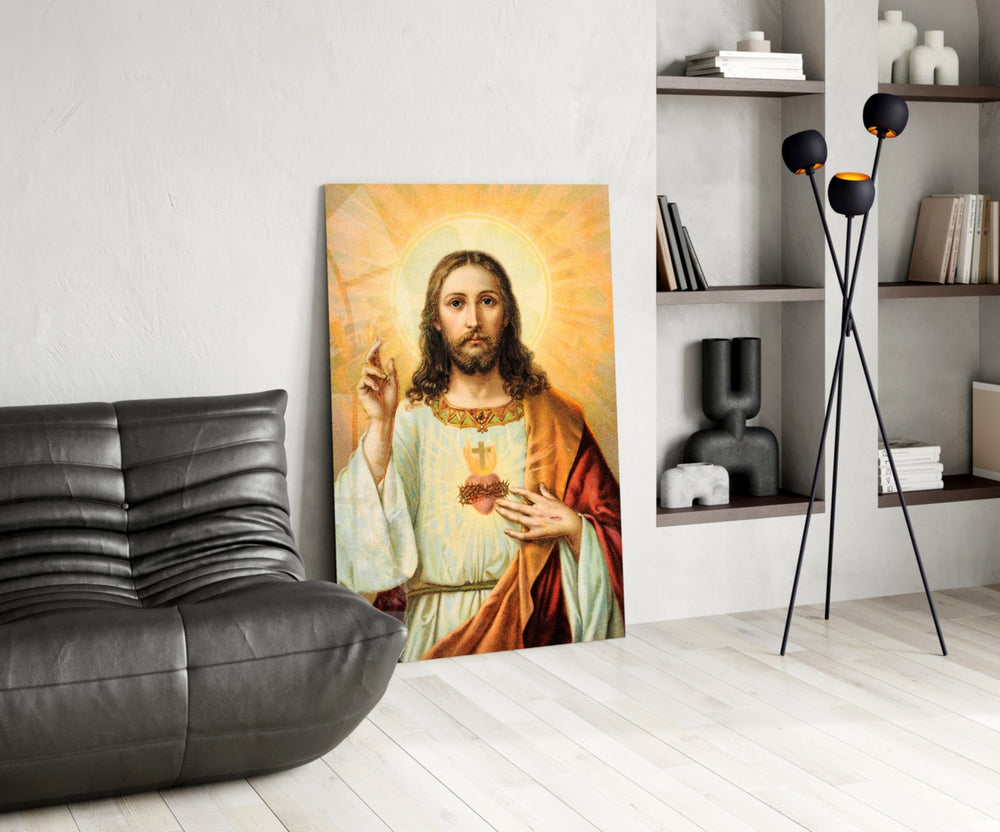 Sacred glass print bringing devotional edge to a quiet bedroom