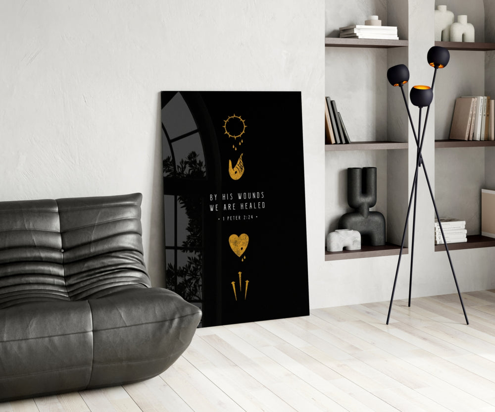 Scripture glass print bringing devotional edge to a quiet bedroom