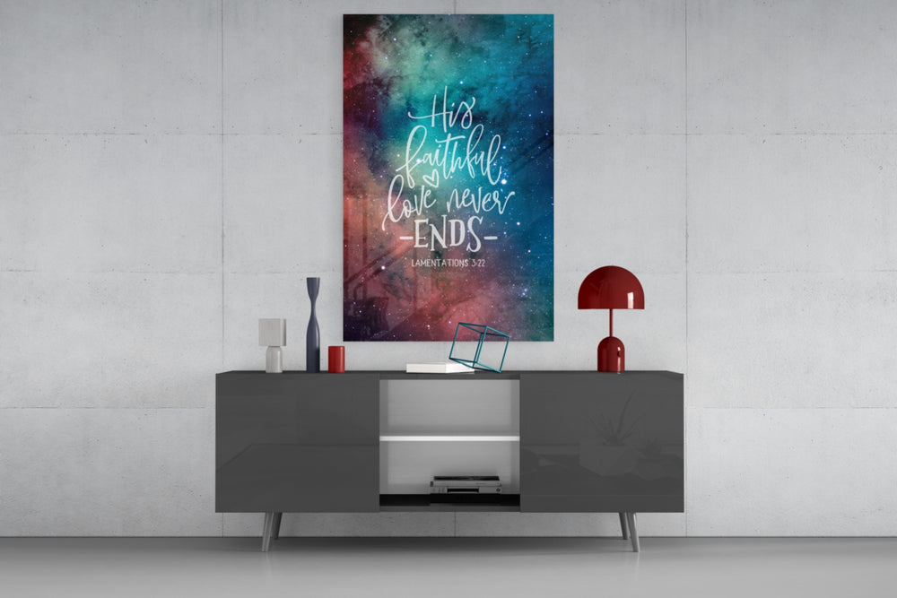 Faithful Love glass wall art catching light to reveal its painted nebula