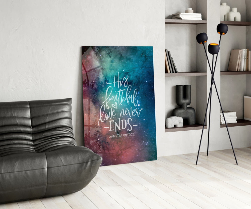 Scripture glass print bringing devotional edge to a quiet bedroom