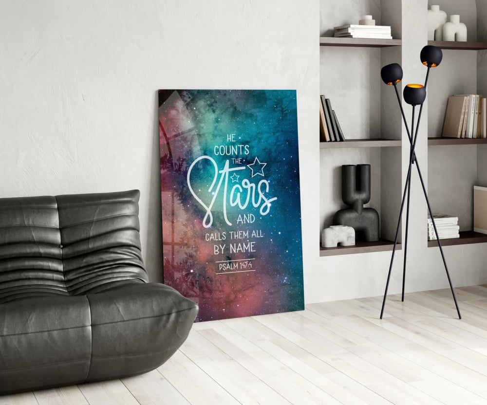 Scripture glass print bringing devotional edge to a quiet bedroom