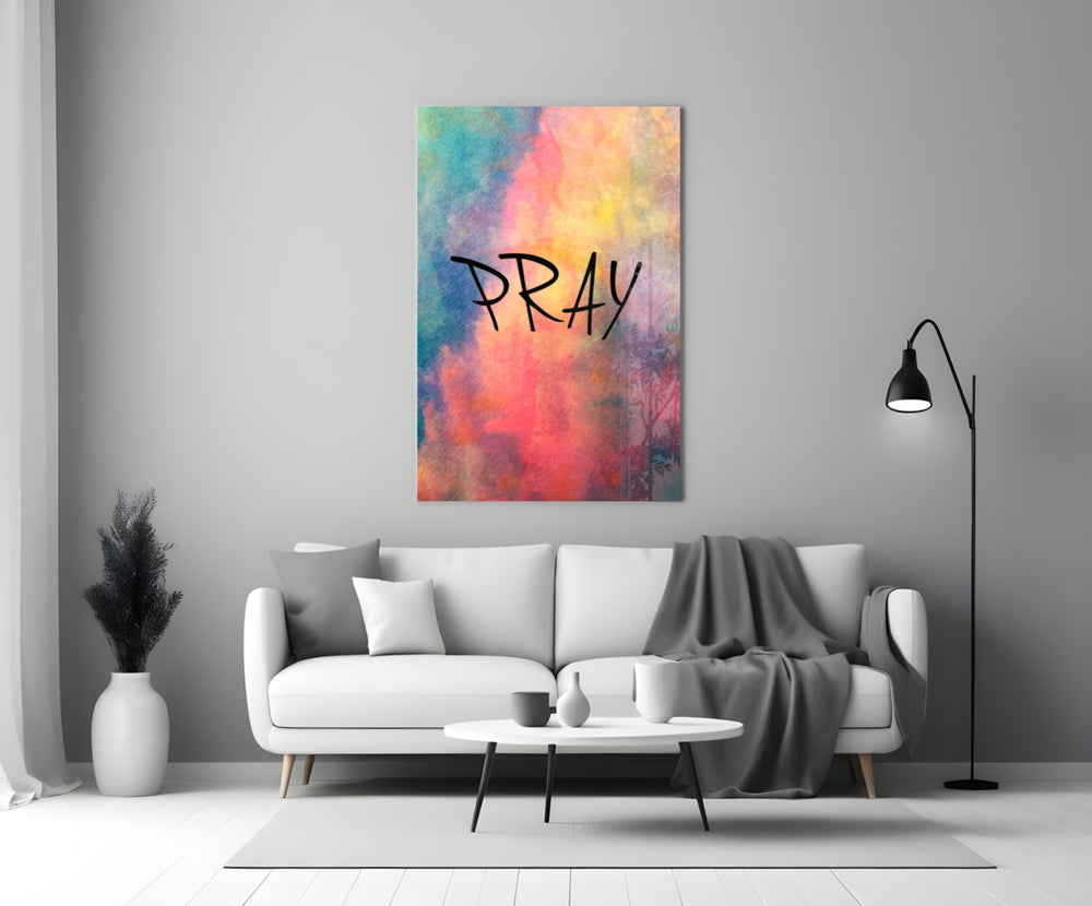Close-up detail of tie-dye Pray behind glass