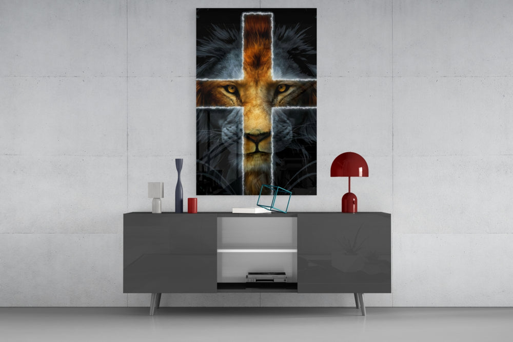 Lion glass wall art catching light to reveal its painted cross