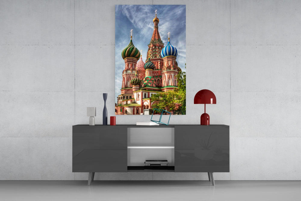 Saint Basil's Cathedral glass wall art catching light to reveal its painted domes