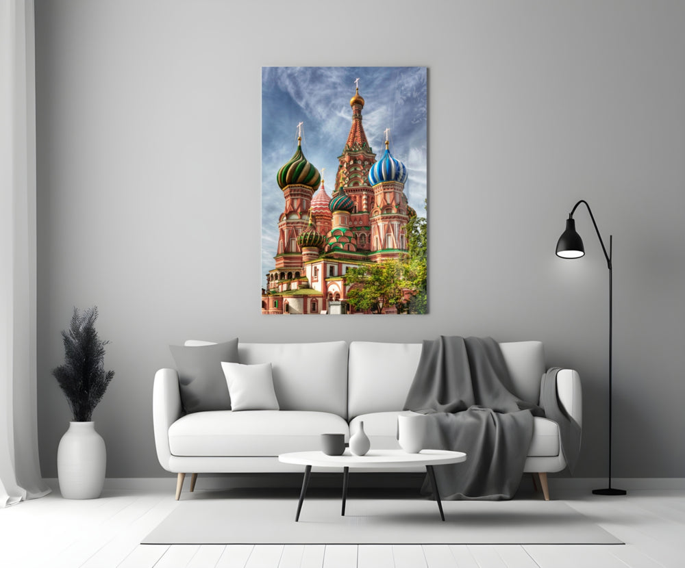 Close-up detail of Moscow onion domes behind glass