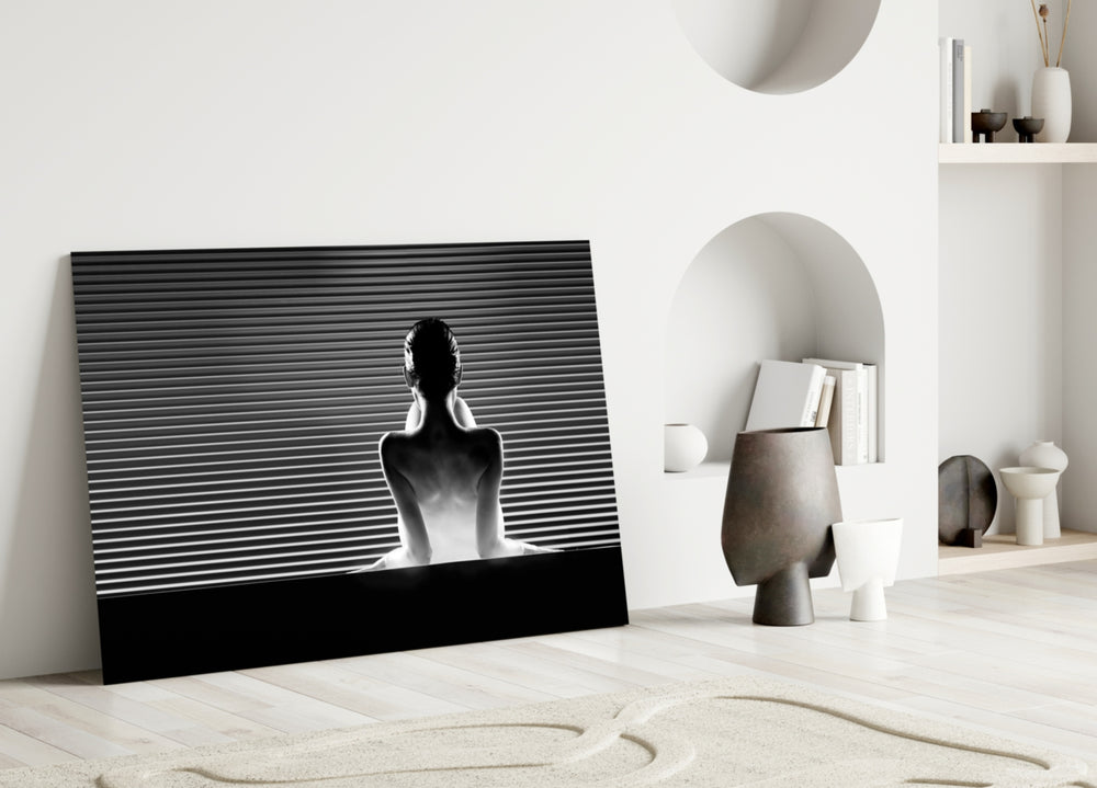 Close-up detail of monochrome blinds portrait behind glass