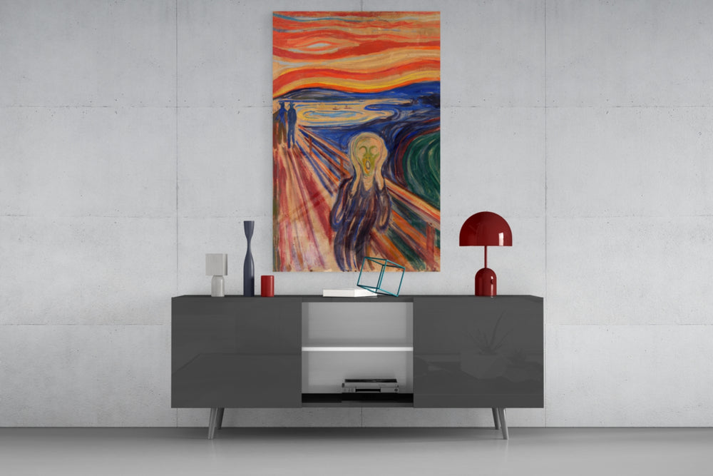 Scream glass wall art catching light to reveal its painted fjord