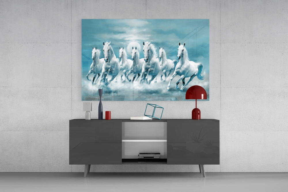 White Horses glass wall art catching light to reveal its painted moon