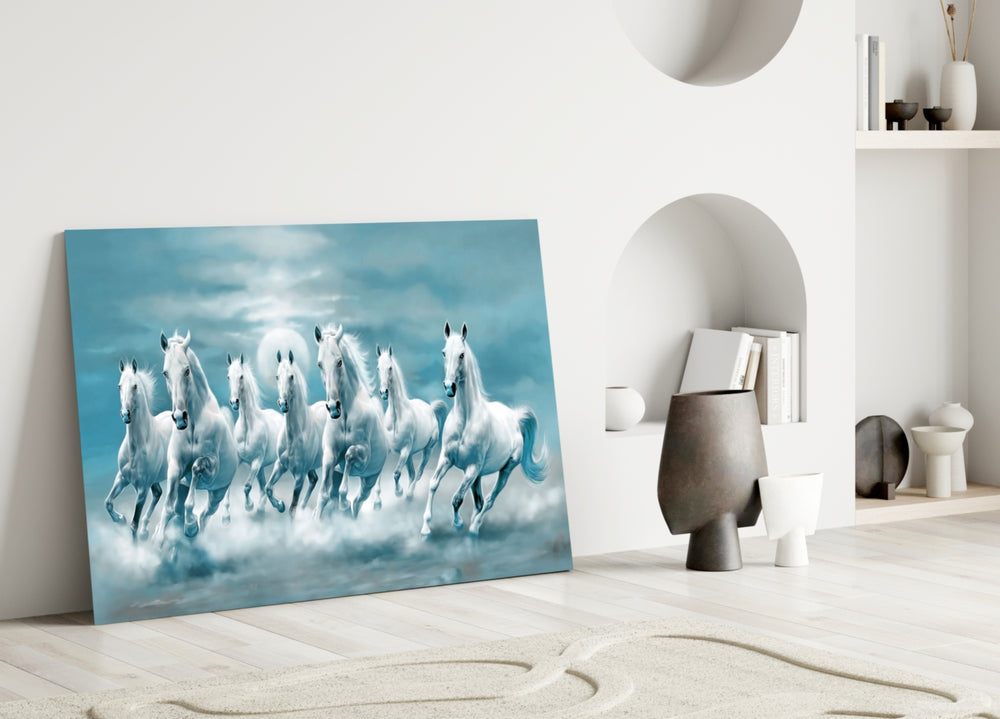 Close-up detail of seven white horses behind glass