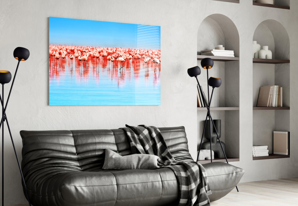 Flamingos artwork styled in a master bedroom interior