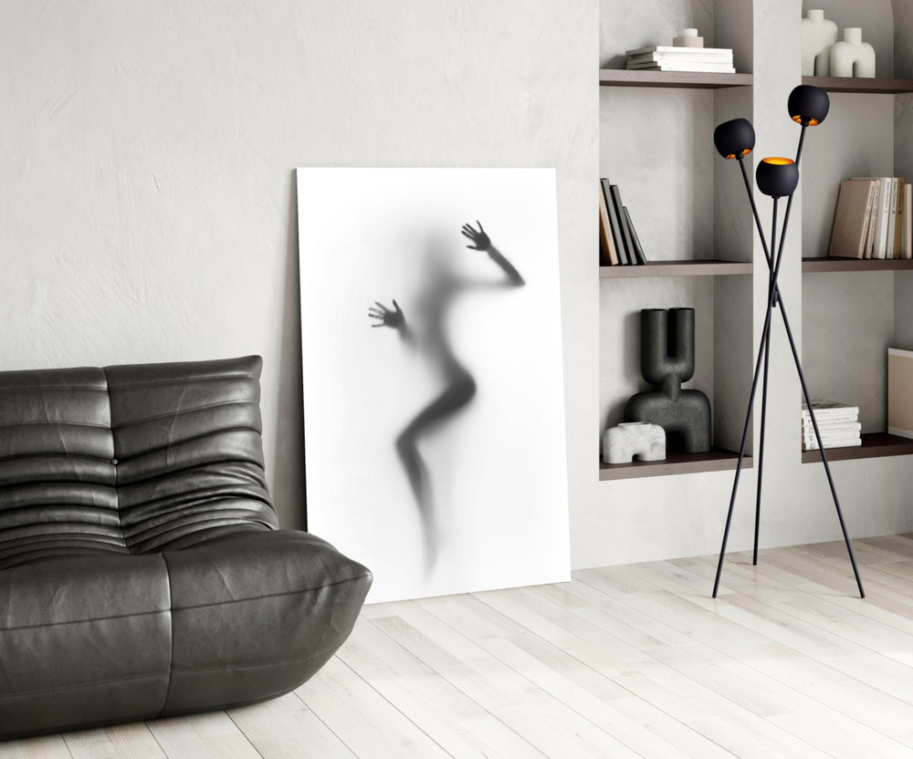 Mood-portrait glass print bringing modern-luxe edge to a hospitality interior