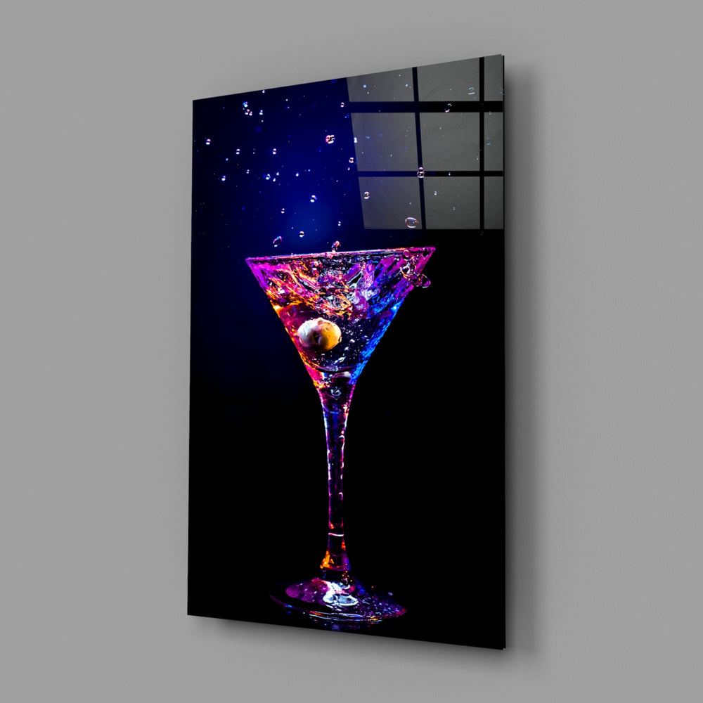Neon-bar panel anchoring a kitchen island wall