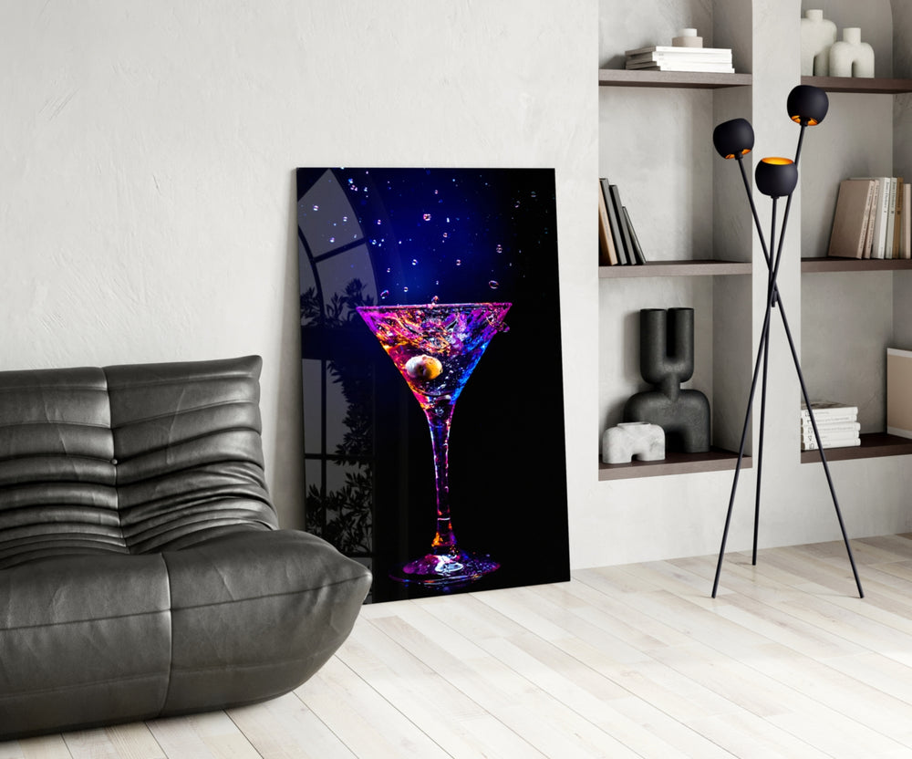 Neon-bar glass print bringing cocktail edge to a moody dining room