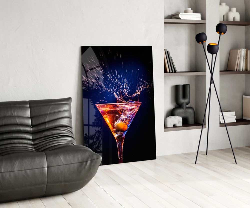 Neon-bar glass print bringing cocktail edge to a moody dining room