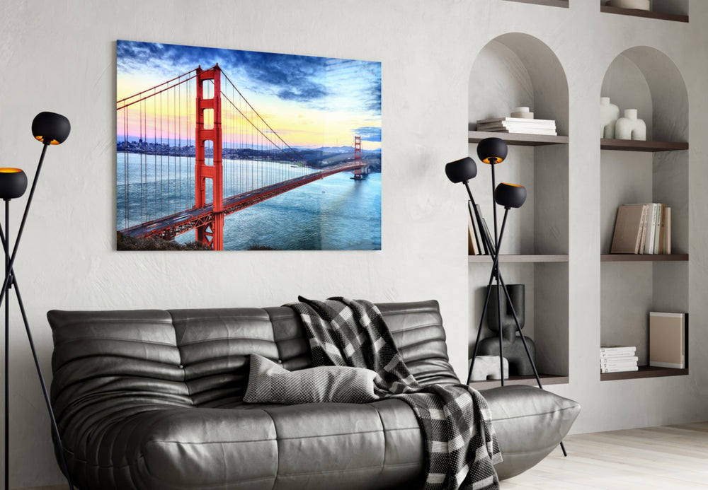 Golden Gate Bridge artwork styled in a master bedroom interior