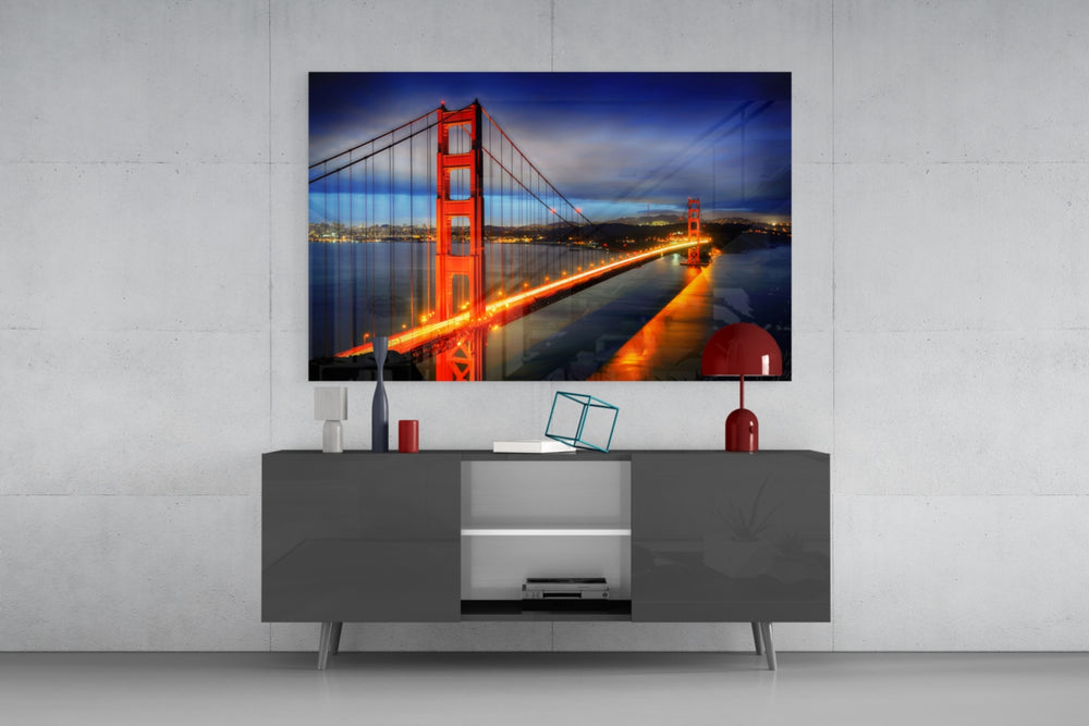 Golden Gate Bridge glass wall art catching light to reveal its painted lamps