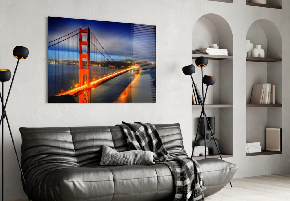Golden Gate Bridge artwork styled in a master bedroom interior